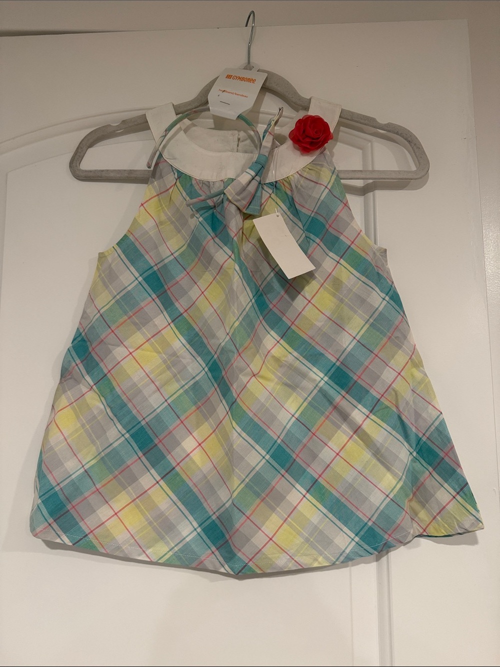 Gymboree Teal Yellow Pink Plaid Sundress with Red Rose
